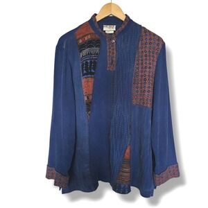 Vintage Nancy Bolen Lagenlook Top L Womens Blue Patchwork Textured Artsy Boho